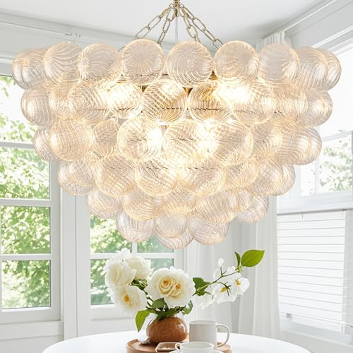 EWIMXSVC Bubble Chandelier for Dining Room, Dia 31.5" Gild Gold Brass Chandelier 8-Light Clear Ball Hand Blown Glass Chandelier for Living Room Bedroom Entryway Round Cluster Globe Chandeliers | Amazon (US)