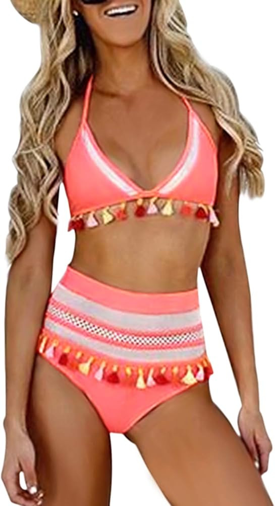 Bdcoco Women's High Waist Two Pieces Bikini Set Padded Stripe Tassel Swimsuit | Amazon (US)