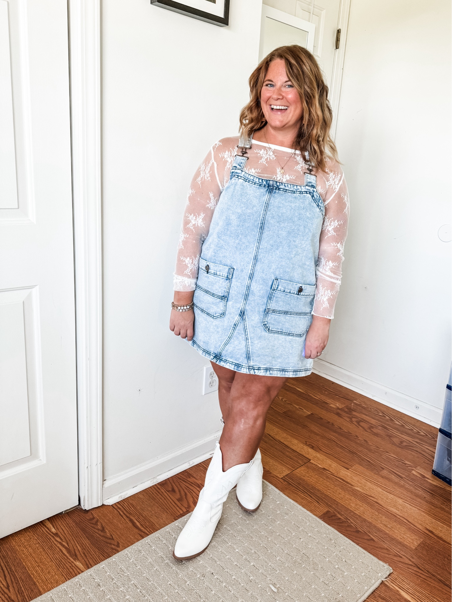 Country concert outfit 
Denim jumper 
Mesh top

XL in jumper and lace top.  Boots are wide calf and true to size! 

#LTKStyleTip #LTKMidsize #LTKFindsUnder50