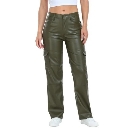 HDE Women's High Waisted Faux Leather Cargo Pants with Pockets Green 30 | Walmart (US)