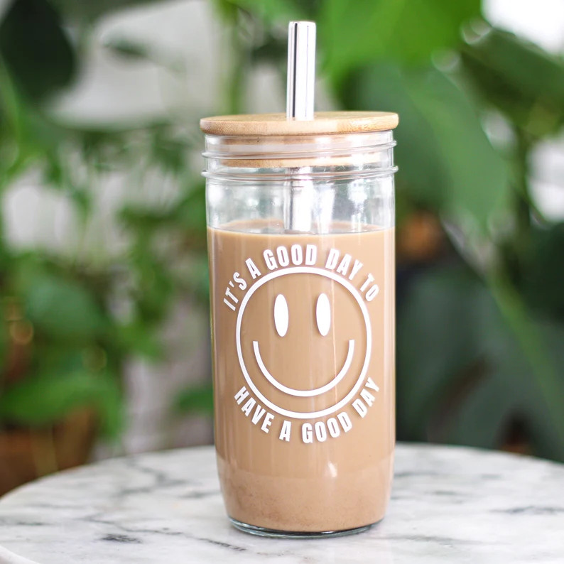 Good Day Happy Face Mason Jar Iced Coffee Cup |  Glass Coffee Cup | Iced Coffee Glass | Smoothie ... | Etsy (US)