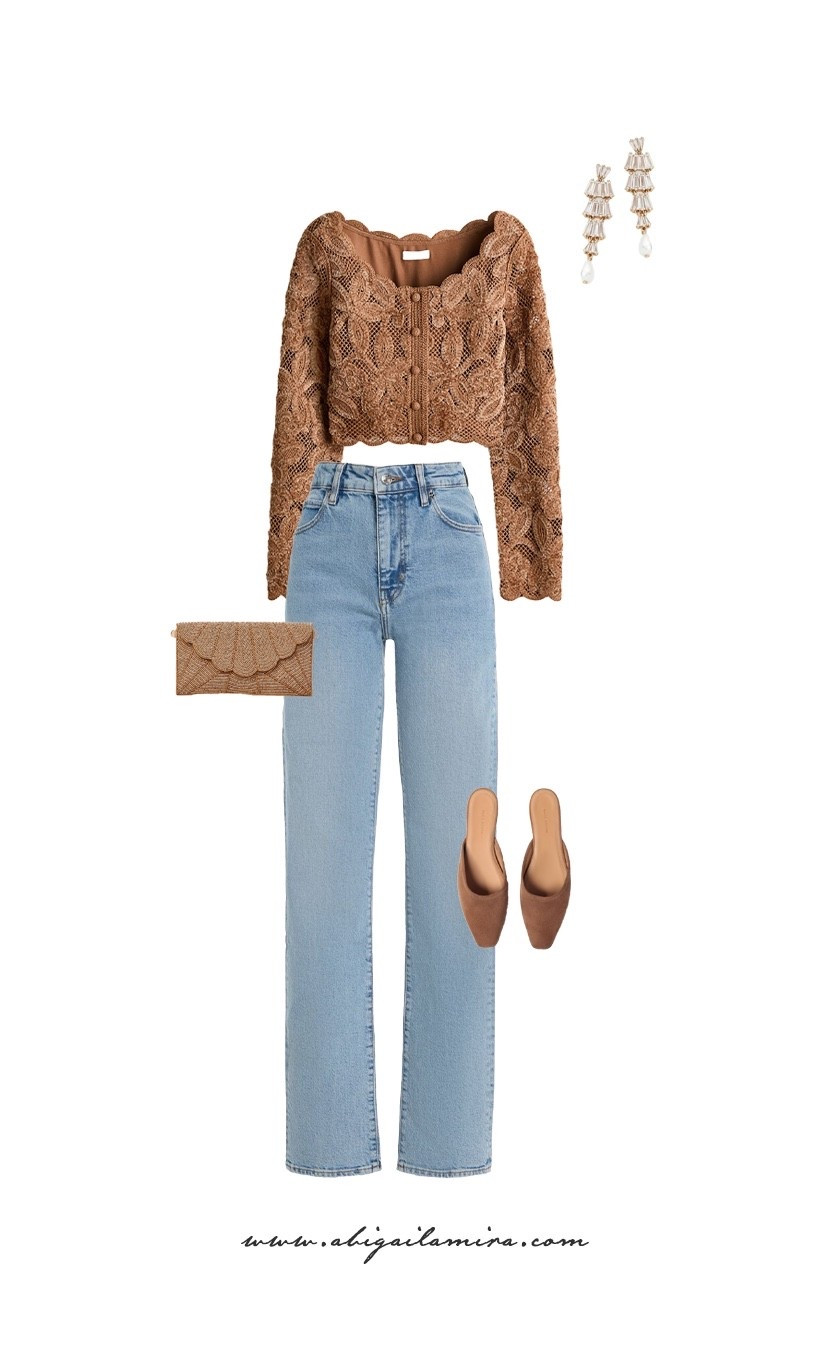 WHAT I'M WEARING WEDNESDAY 02/11/2026
This outfit blends romantic textures with easy, everyday denim for a look that feels both elevated and approachable. The delicate lace top adds a soft, feminine statement, perfectly balanced by classic straight-leg jeans. Finished with warm-toned accessories and subtle flats, this outfit is ideal for days when you want effortless style with a touch of charm. See the full post at abigailamira.com

#LTKgrwm #LTKootd #LTKOver40