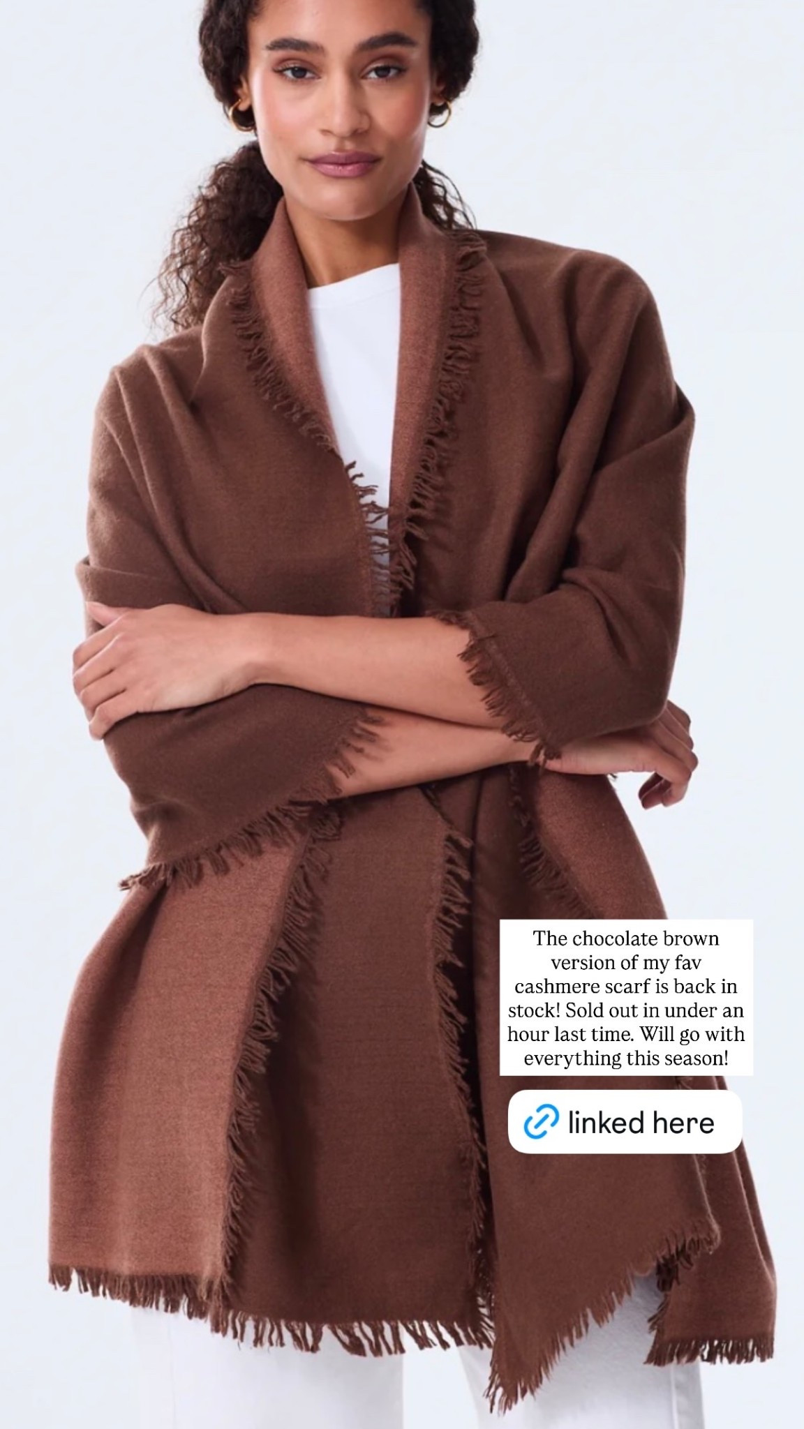 The chocolate brown version of my fav cashmere scarf is back in stock! Sold out in under an hour last time. Will go with everything this season!