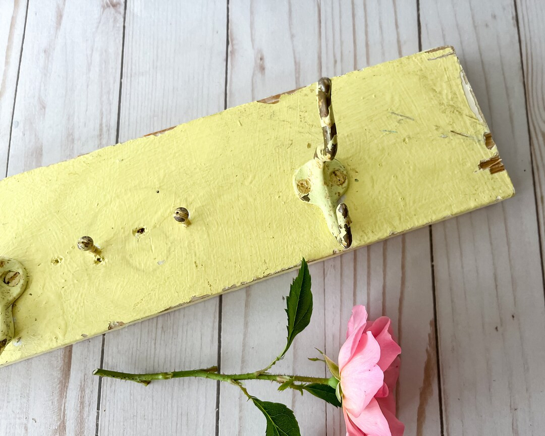 Vintage Chippy Yellow Wooden Hook Rack - Etsy | Etsy (US)