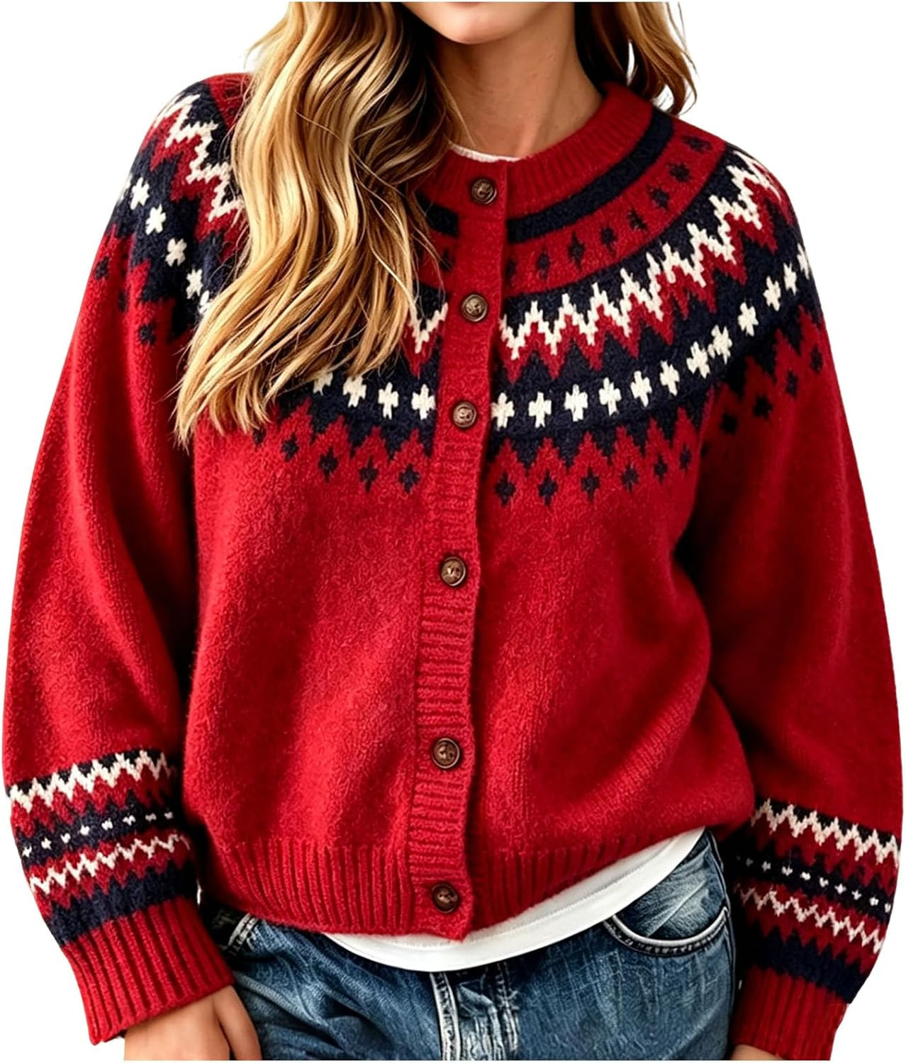 Women Fair Isle Cardigan Sweater Nordic Cable Knit Pullover | Amazon (US)
