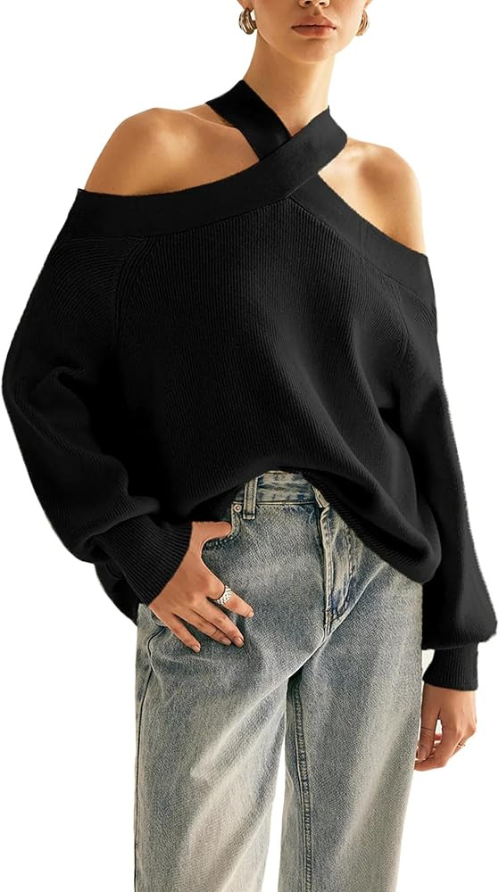 Women Halter Cross Over Collar Shoulder Sweater Loose Fit Solid Color Knit Tops | Amazon (US)
