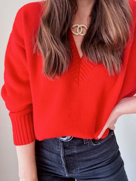 Reformation Jadey cashmere oversized red sweater ❤️ wearing a size XS. It’s 25% off right now! Chanel necklace is available for sale on my website jillianbremer.com/vintage-shop

Red sweater. Holiday outfit. 

#LTKCyberWeek #LTKstyletip #LTKHoliday