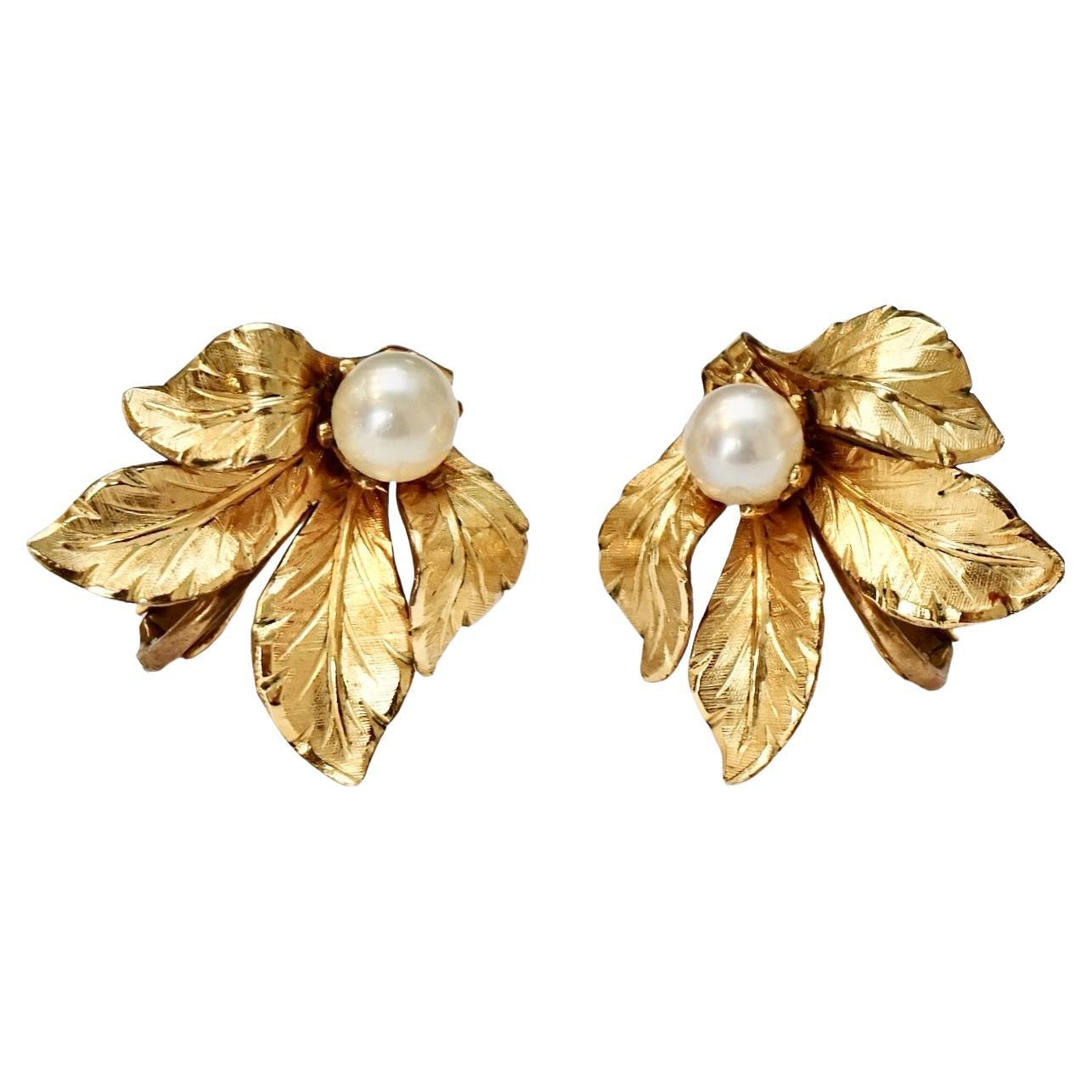 Creed Gold Filled Cultured Pearl and Leaf Screw Back Earrings | 1stDibs