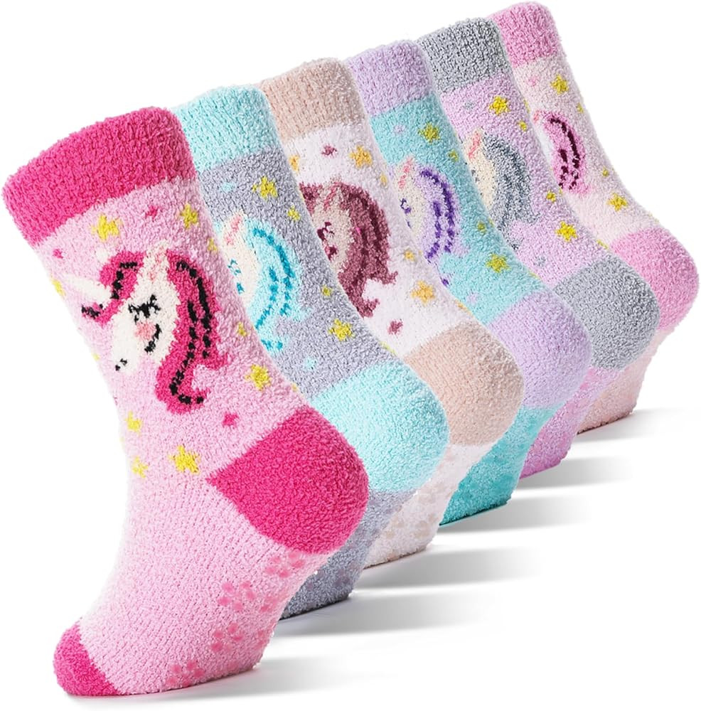 EBMORE Girls Kids Toddler Fuzzy Socks with Grips Non Slip Slipper Socks Crew Cabin Cozy Fluffy Wa... | Amazon (US)