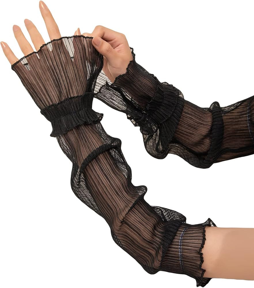 GORGLITTER Women's Mesh Sheer Ruched Arm Sleeves Ruffle Hem Gloves | Amazon (US)