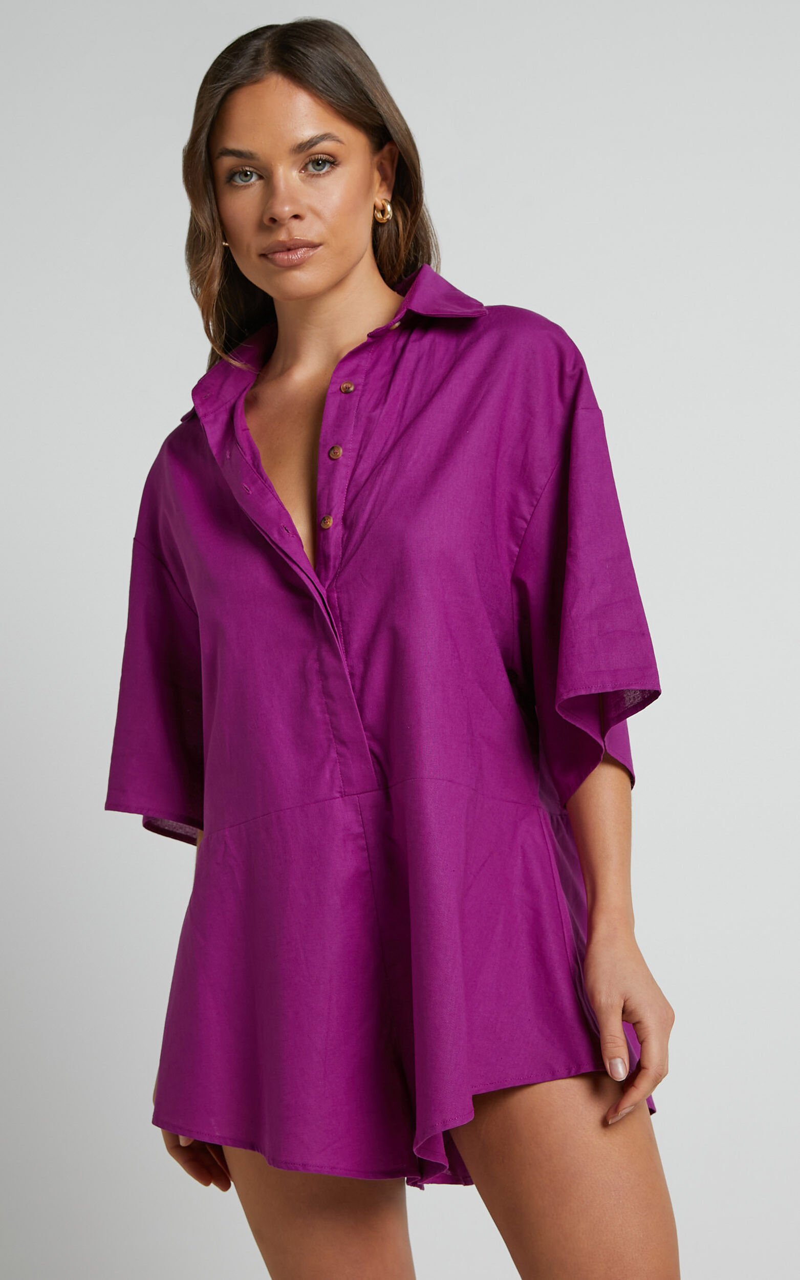 Ankana Playsuit - Short Sleeve Relaxed Button Front Playsuit in Magenta | Showpo (US, UK & Europe)