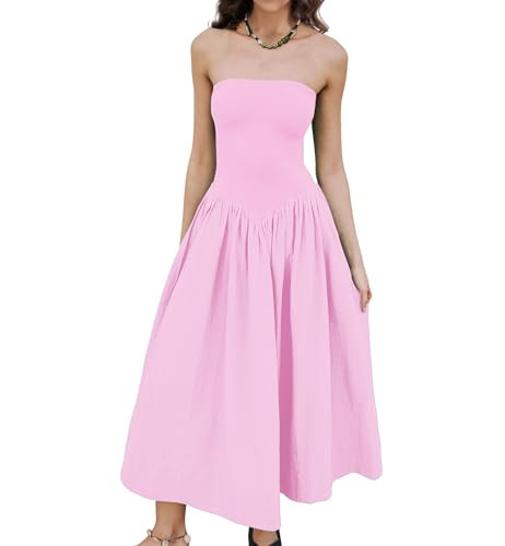 Livtany Women Off Shoulder Midi Dress Strapless Sleeveless Drop-Waist A Line Tube Dress Trendy Su... | Amazon (US)