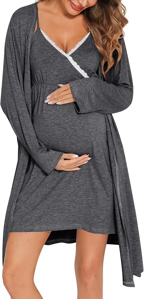 SWOMOG Womens Maternity Robe 2 Piece Nursing Nightgown for Breastfeeding 3 in 1 Labor Delivery Nu... | Amazon (US)