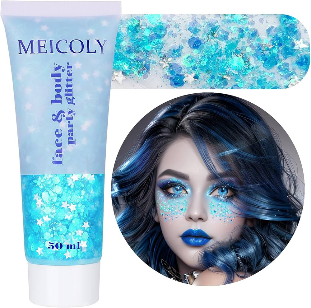 MEICOLY Light Blue Body Glitter,Mermaid Princess Face Glitter Gel,Ice Blue Glitter Face Paint for... | Amazon (US)