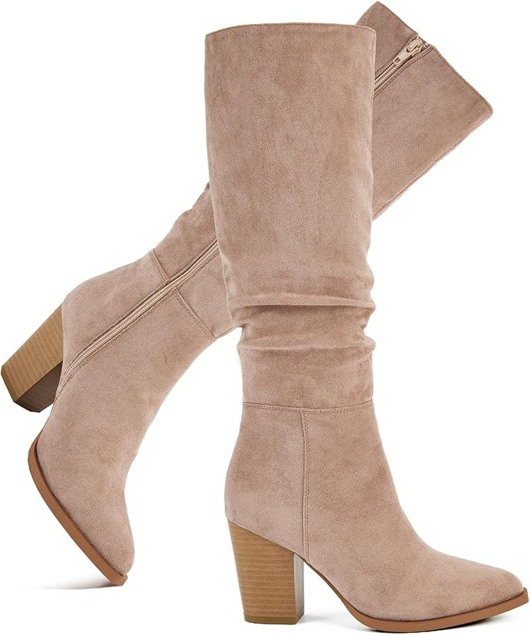 Putu Women's Pointed Toe Knee High Boots Faux Suede Slouch Boots with Chunky Heel | Amazon (US)