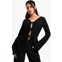 Womens Textured Tie Front Long Sleeve Top - Black - 8 | boohoo (US & Canada)