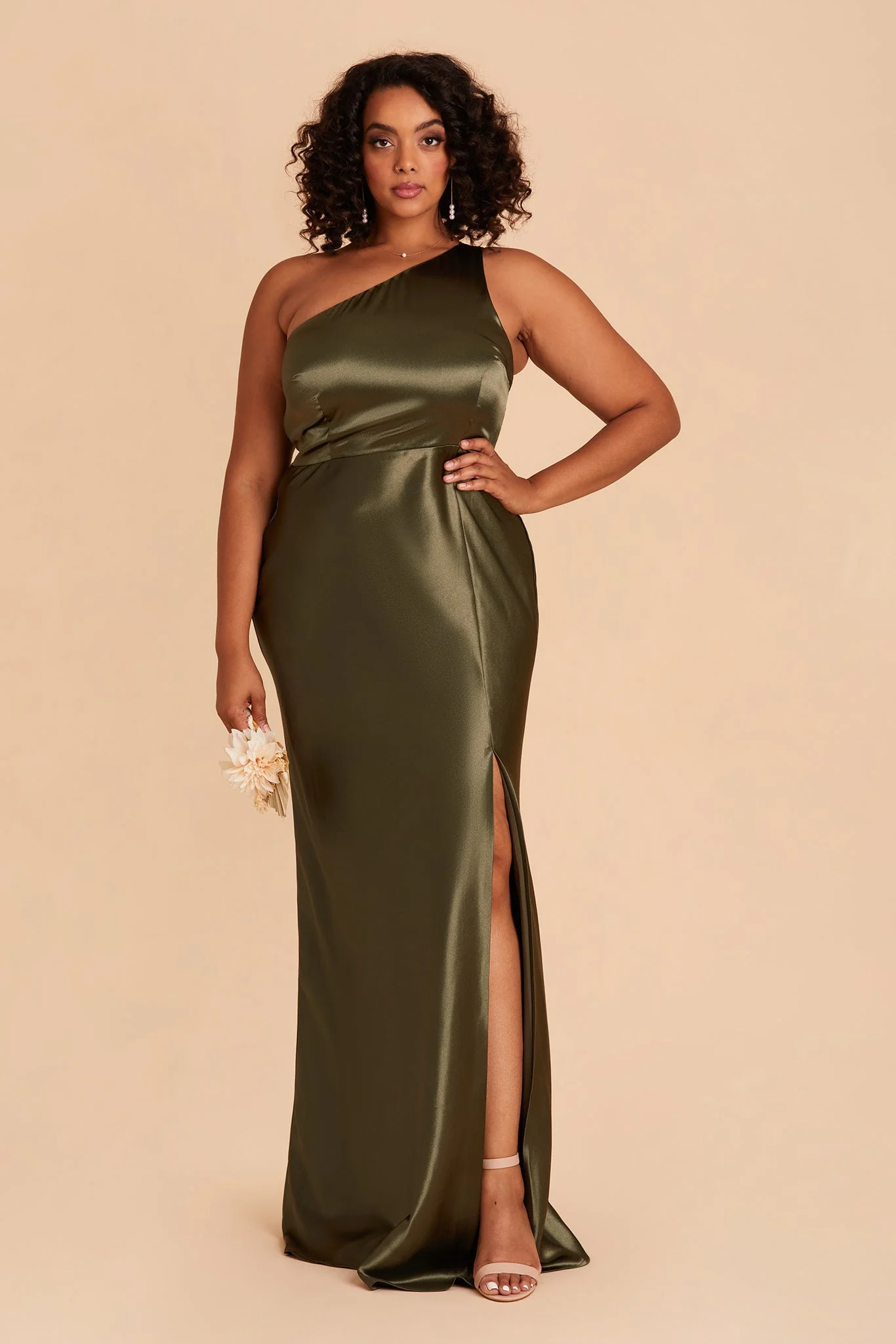 Kira Shiny Satin Dress - Olive | Birdy Grey