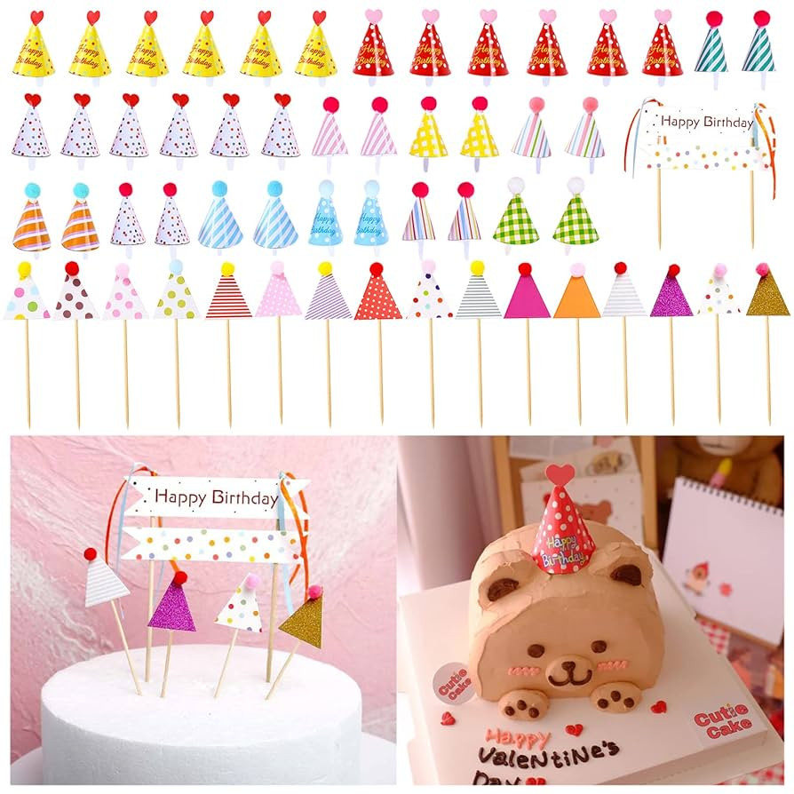 55 Pcs Mini Happy Birthday Cupcake Toppers - Striped & Polka Dot First Birthday Hats & Cake Decor... | Amazon (US)
