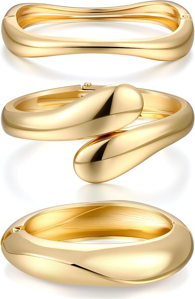 Chunky Gold Bangle Bracelets for Women, 14k Gold Plated Dainty Cuff Stackable Bangles Set, Trendy... | Amazon (US)