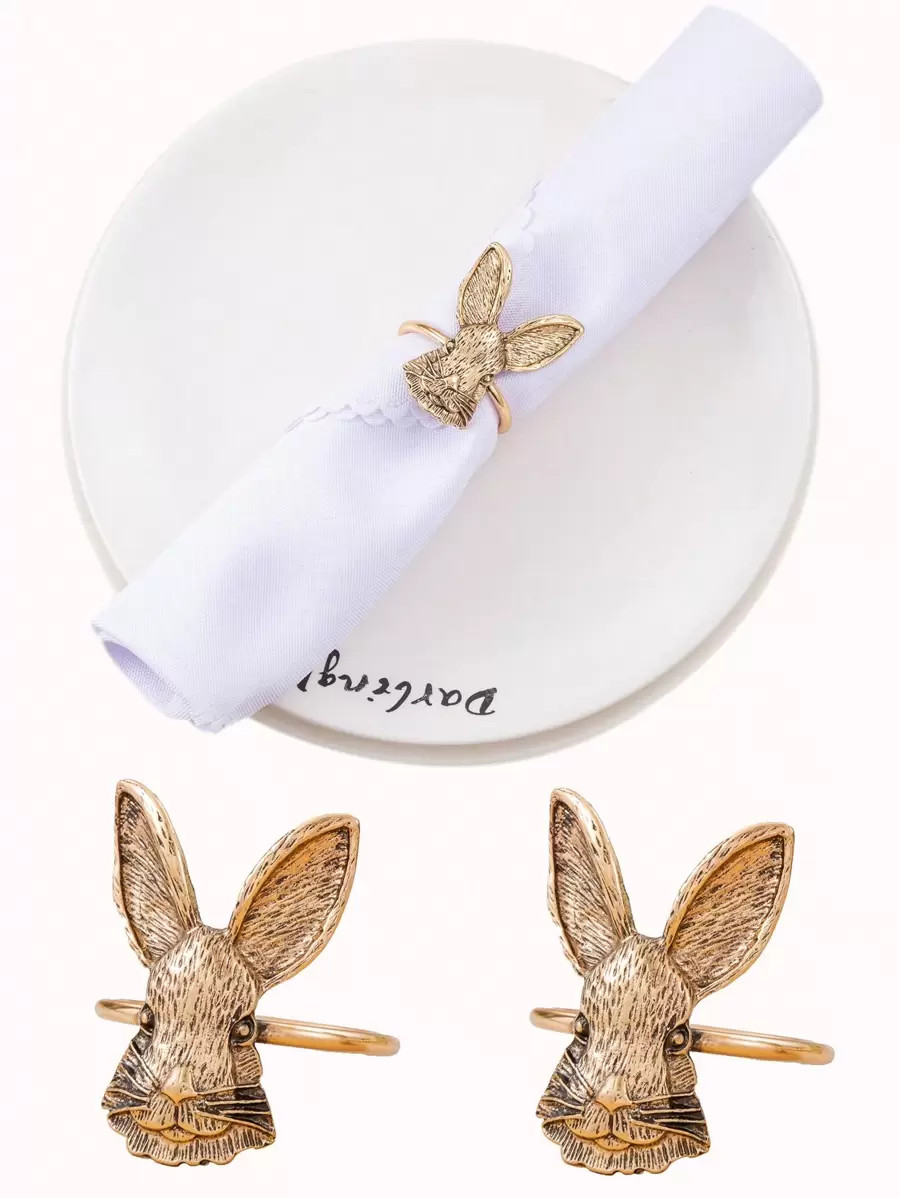2-12pcs Golden Bunny Head Shape Napkin Rings, Easter Dining Table Decor | SHEIN