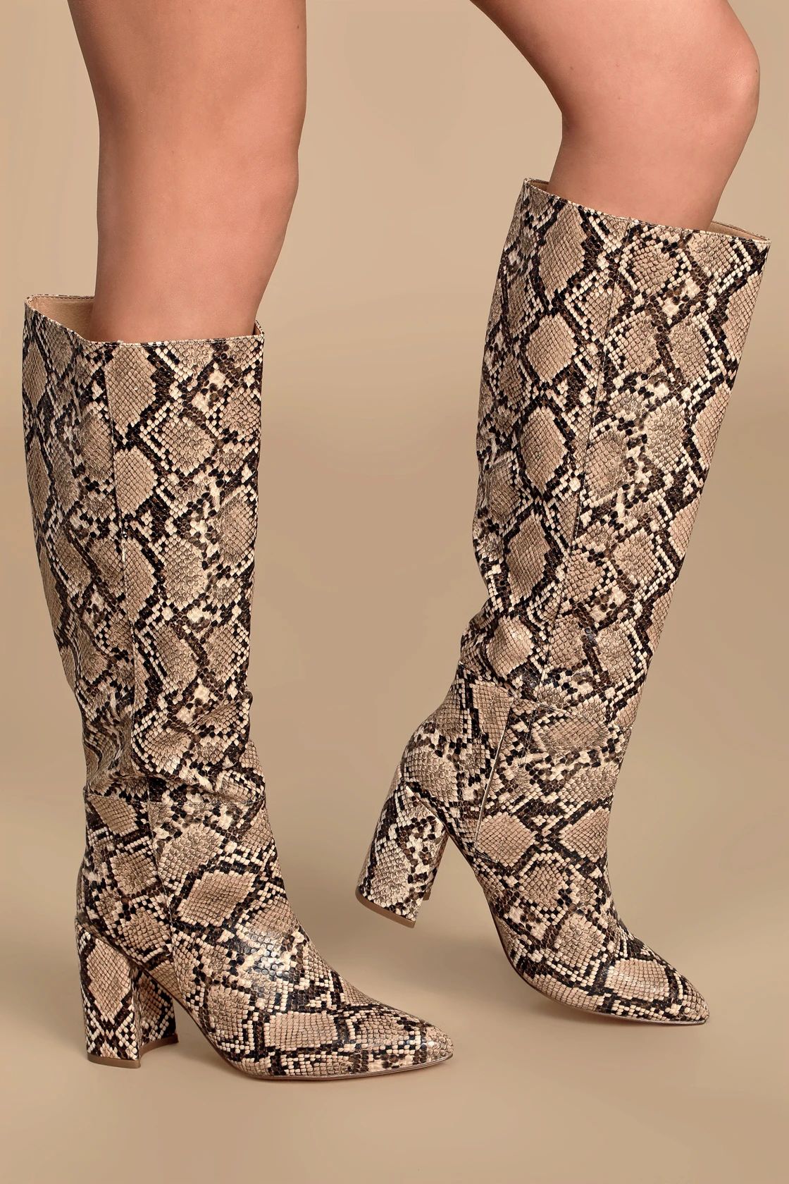 Katari Tan Snake Pointed-Toe Knee High Boots | Lulus (US)