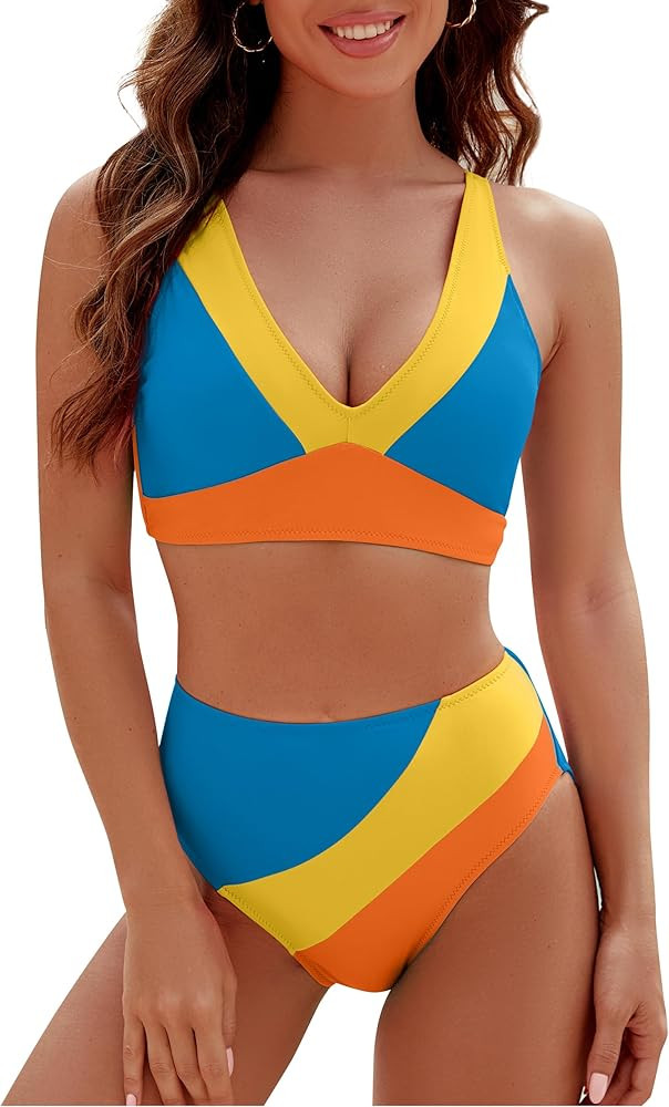Blooming Jelly Womens High Waisted Bikini Sets Sporty Two Piece Swimsuits Color Block Full Covera... | Amazon (US)