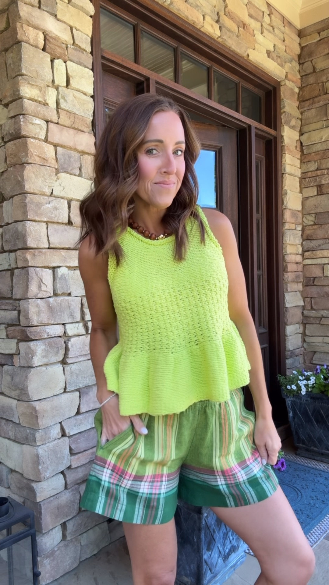 Summer outfit idea. Colorful style. Sweater tank. Plaid linen shorts. 
Tank XS. Shorts XS.

#LTKootd #LTKOver40 #LTKSeasonal