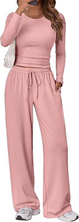 Trendy Queen Women's 2 Piece Matching Lounge Set Long Sleeve Side Ruching Top Wide Leg Drawstring... | Amazon (US)