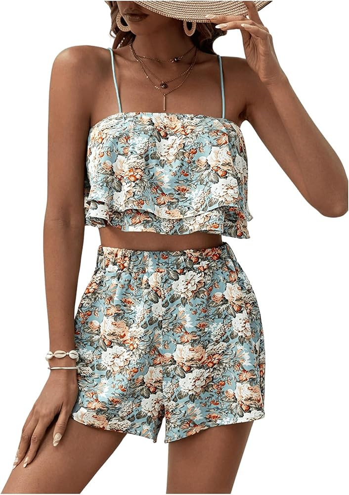 MakeMeChic Women's Summer Floral Print 2 Piece Outfits Sleeveless Ruffle Layer Cami Crop Tops wit... | Amazon (US)