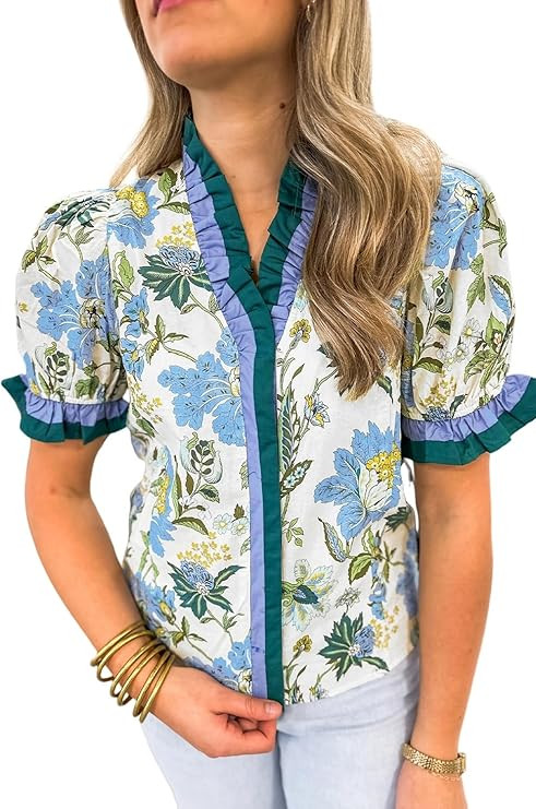 Wolddress Women Casual Summer Tops Beige Floral Print Contrasted Frilled Striped Trim Short Sleev... | Amazon (US)