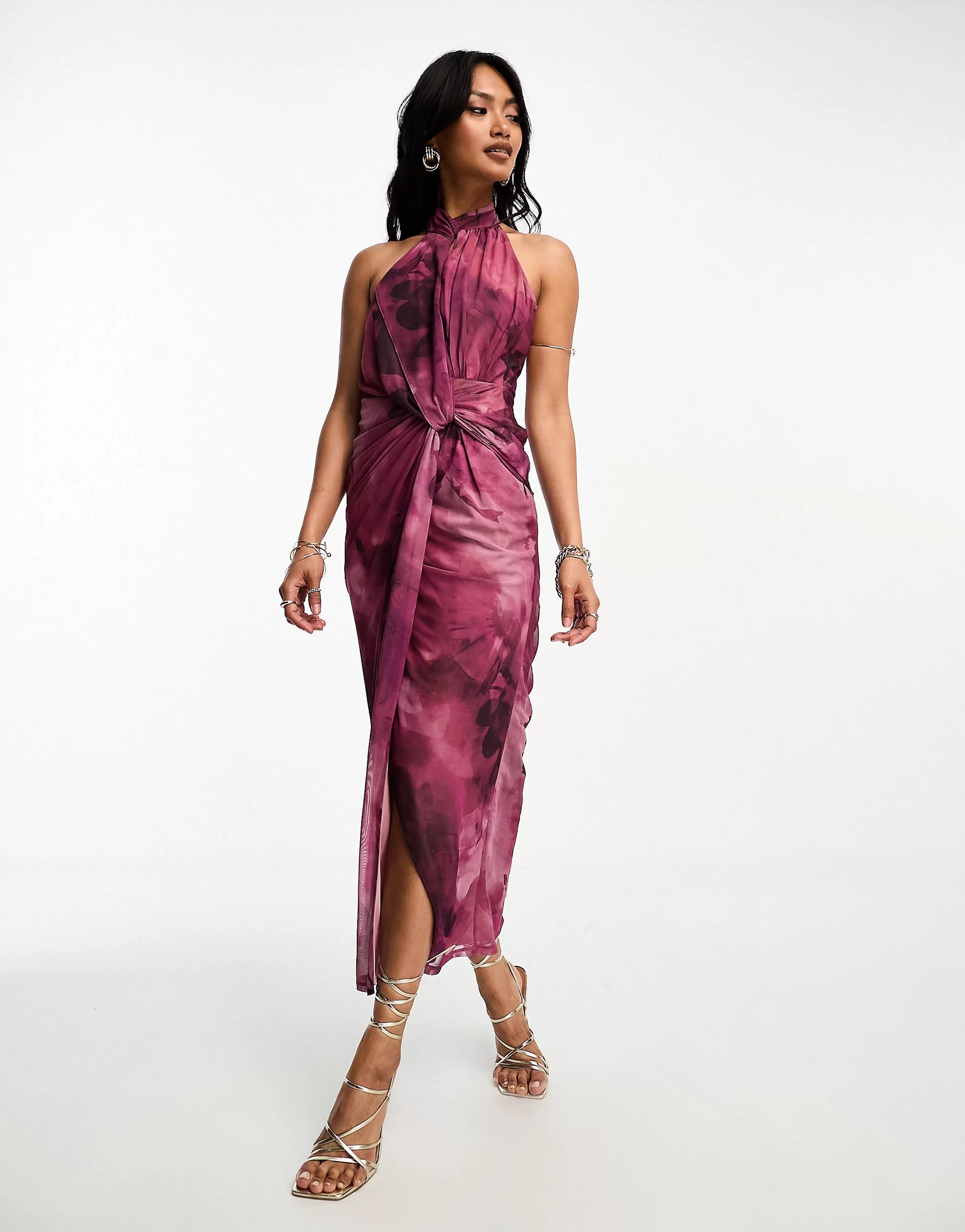 ASOS DESIGN halter neck bodycon mesh midi dress in purple floral smudge print | ASOS (Global)