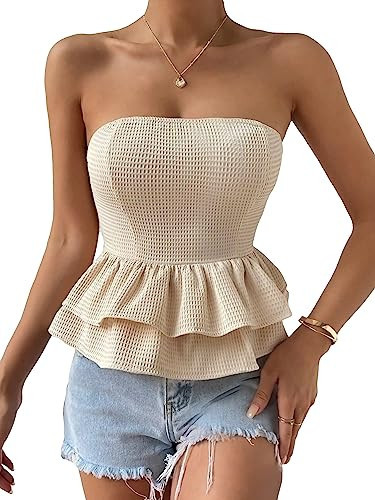 OYOANGLE Women's Sleeveless Ruffle Blouse Tie Knot Back Casual Party Peplum Top Beige L | Amazon (US)