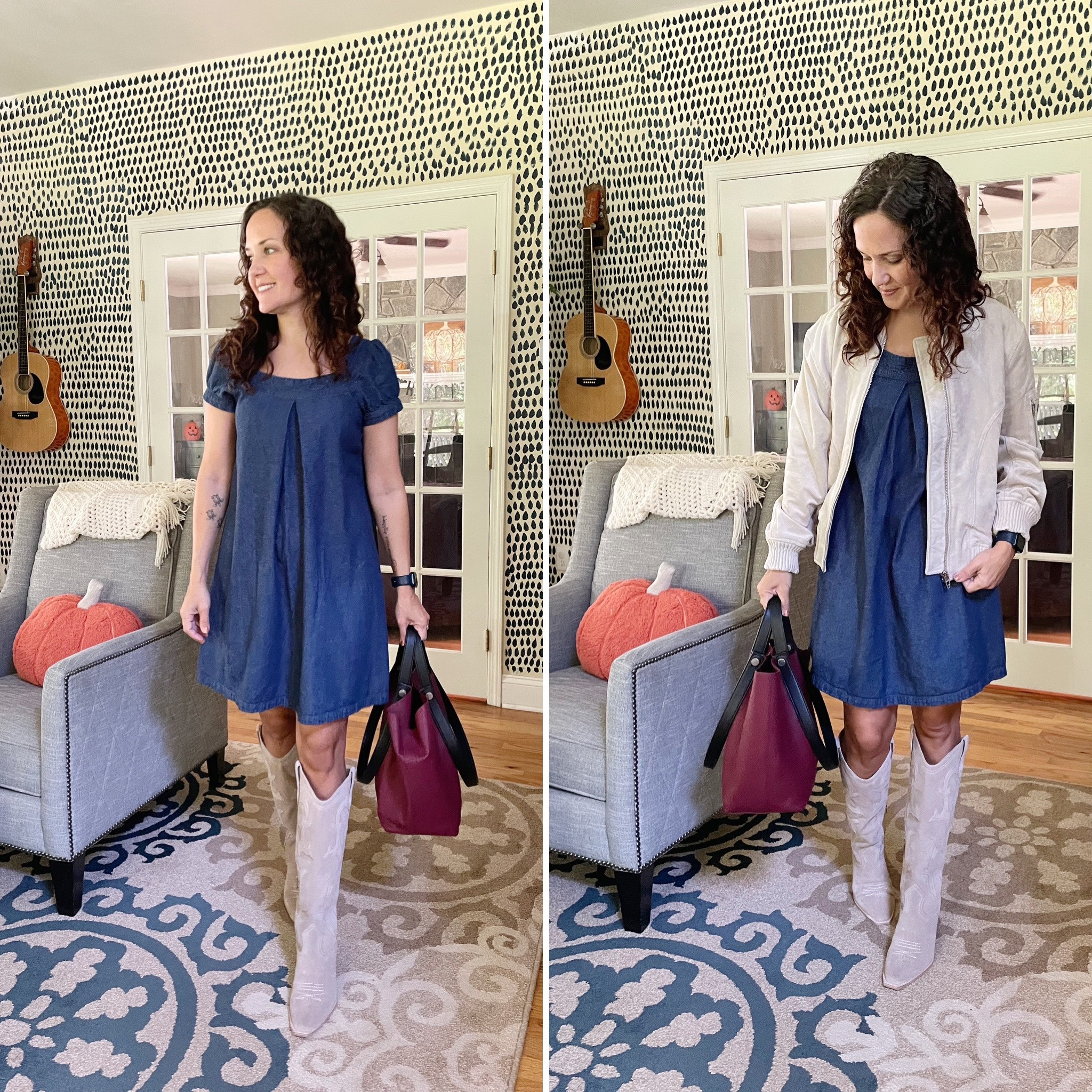 Denim dress with western style knee high boots 👢 #falloutfits

#LTKshoecrush #LTKover40 #LTKSeasonal