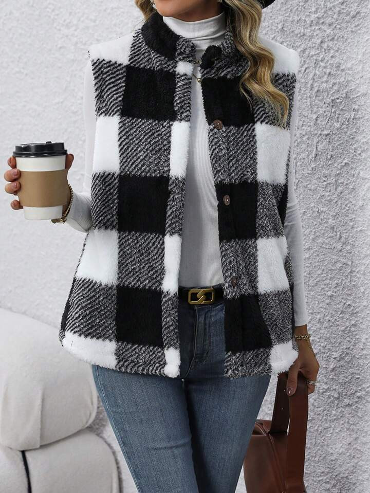 SHEIN LUNE Buffalo Plaid Print Sleeveless Teddy Coat | SHEIN