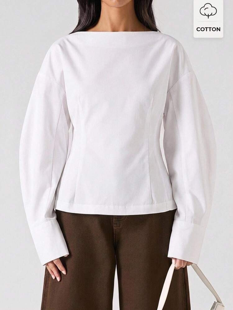 LYSMO Women's Solid Color Boat Neck Drop Shoulder Long Sleeve Blouse Office White Autumn Elegant ... | SHEIN