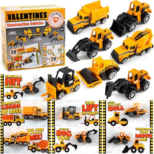 JOYIN 28 Pack Valentines Party Gift Cards with Mini Construction Vehicle Toy Set for Kids Valentine's Classroom Exchange Prizes | Amazon (US)