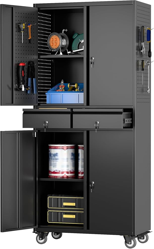 Garage Storage Cabinet with Wheels, Metal Storage Cabinet with 2 Drawers and 2 Adjustable Shelves... | Amazon (US)