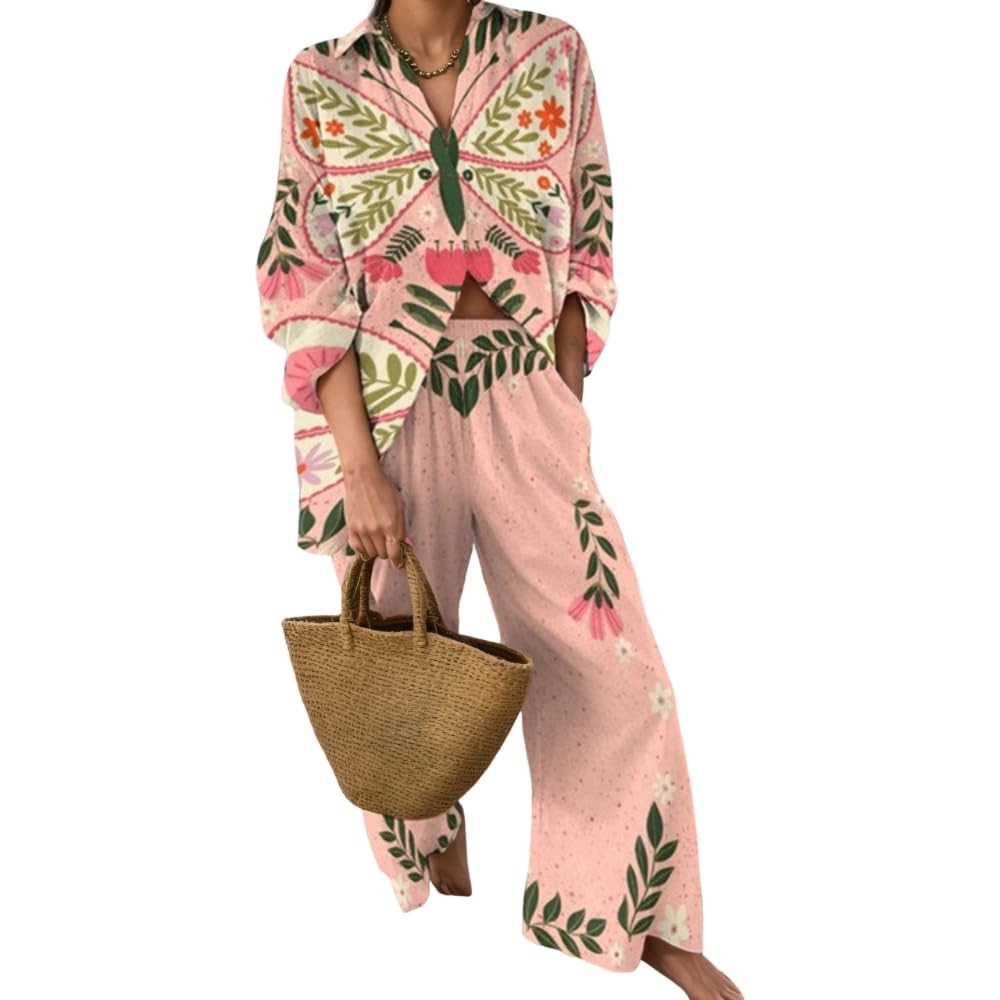Akivide Womens Beach Vacation 2 Piece Outfits Long Sleeve Button Down Shirts and Matching Drawstr... | Amazon (US)