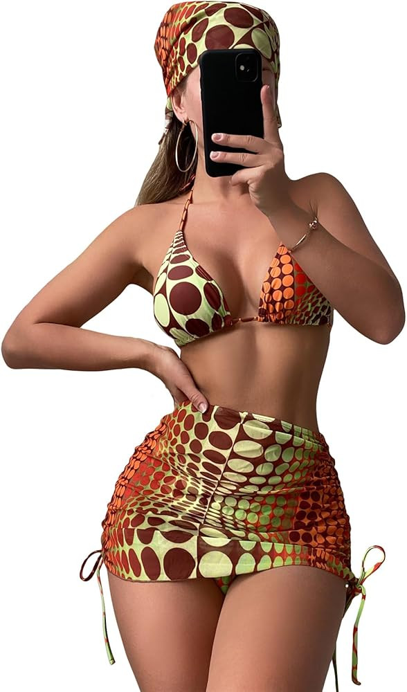 RoseSeek Women's 4 Piece Polka Dots Swimsuits Triangle Bathing Suit Bikini Sets Cover Up Skirt Ba... | Amazon (US)