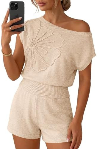 Saodimallsu Womens Off The Shoulder 2 Piece Sweater Sets Short Sleeve Floral Tops Summer Matching... | Amazon (US)