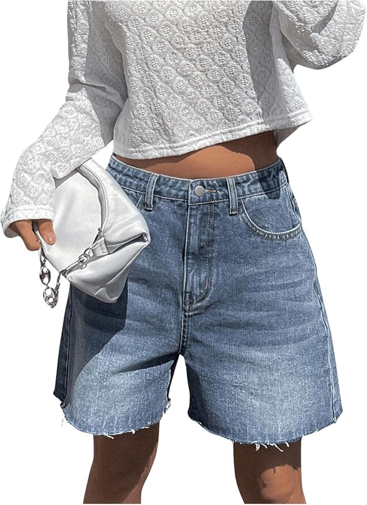 SHENHE Women's High Waist Denim Shorts Raw Hem Wide Leg Jeans Shorts with Pockets | Amazon (US)