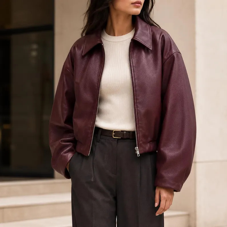 Women\u2019s Oversized Leather Jacket, Genuine Sheepskin Bomber, Baggy Zip-Up Streetwear Coat, Cu... | Etsy (Global)