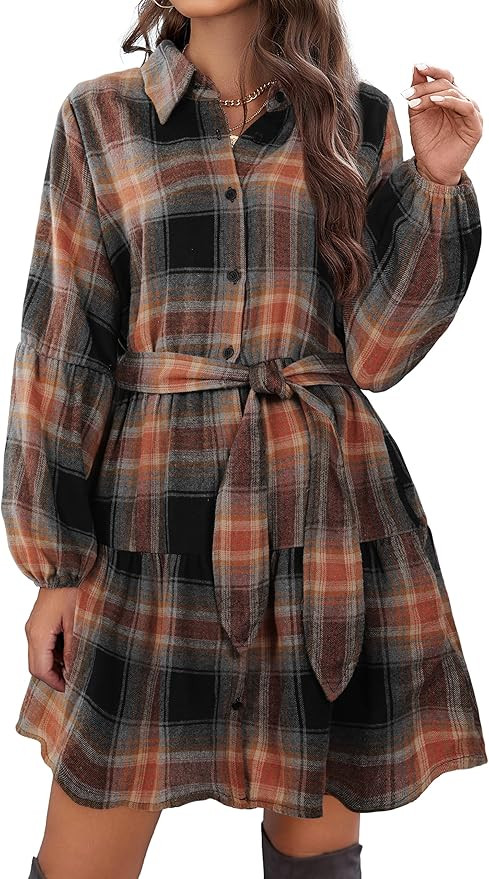 Blooming Jelly Womens Plaid Dresses Flannel Babydoll Dress Casual Tunic Dress Long Sleeve Fall Dr... | Amazon (US)