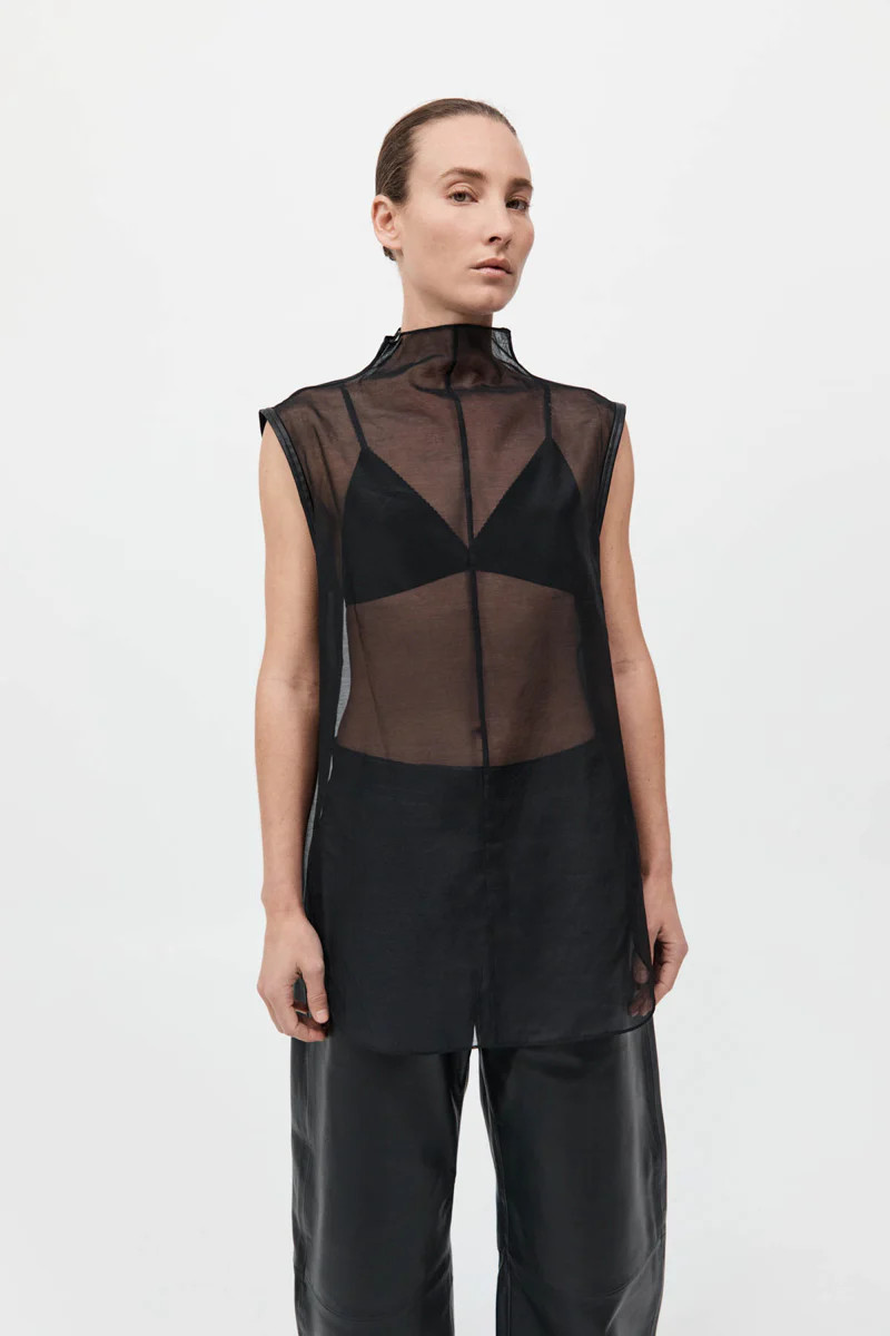 Sheer Silk Leather Trim Top - Black | St. Agni (US, UK, EU)
