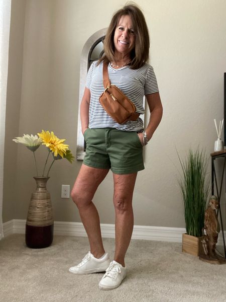 Casual spring outfit. Green cotton shorts, white sneakers, no show socks

#LTKunder50 #LTKSeasonal #LTKstyletip