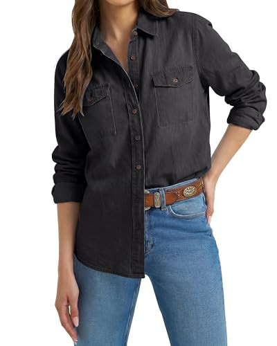 luvamia Denim Shirt, Women's Western Style, Plus Size, Vintage Black, 100% Cotton, Long Sleeve, Button Down, Relaxed Fit, Size XXX-Large/Size 24 | Amazon (US)