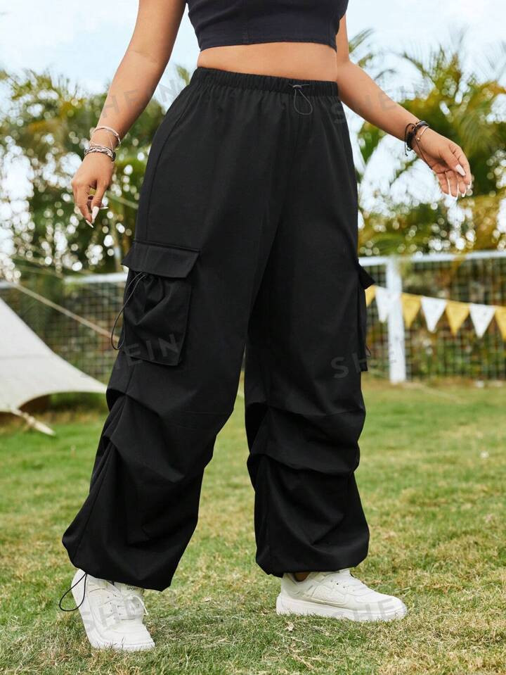 SHEIN EZwear Women's Plus Size Plain Drawstring Waist Cargo Wide Leg Casual Pants With Large Pock... | SHEIN