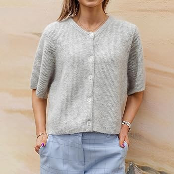 Women Y2k Knitted Crop Cardigan Short Sleeve Button Up Rib Knit Solid Color Cute Sweater Shirt | Amazon (US)
