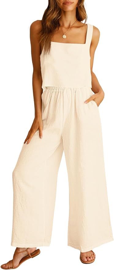 ANRABESS Women's 2 Piece Outfits Linen Pants Jumpsuit Matching Lounge Set Casual Summer Beach Vac... | Amazon (US)