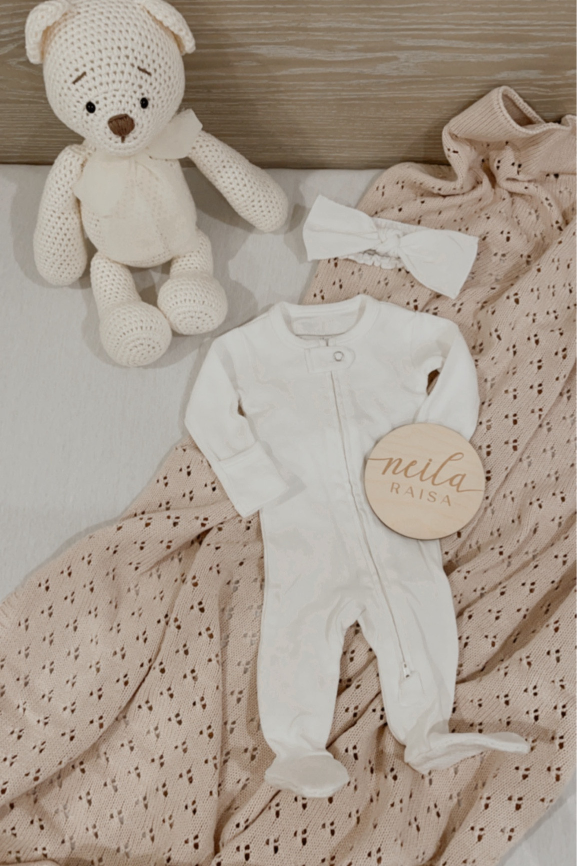 baby things 👼🏼
linked this organic cotton two way zipper footie pajama  with matching bow, custom handmade teddy bear with organic cotton yarn, and similar pointelle blanket (mine was from blossom and pear) and name plaque 

#LTKBaby #LTKBump #LTKKids